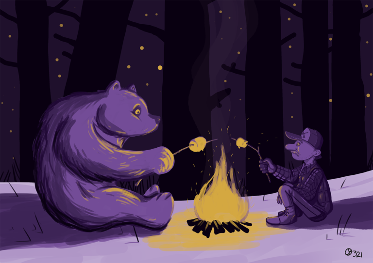 Ours et chasseur autour d'un feu de camp